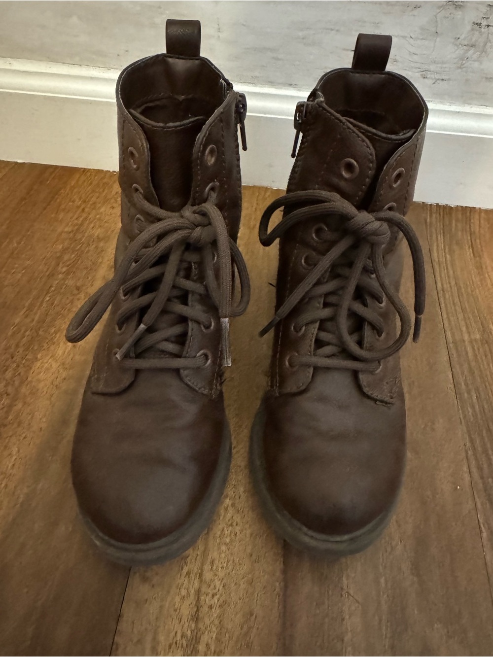 Kids Brown Lace-Up Combat Boots with Side Zip